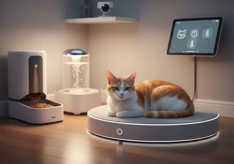 Gato laranja e branco descansando em uma cama inteligente ao lado de um alimentador automático e um painel de controle smart home, representando um ecossistema pet integrado.