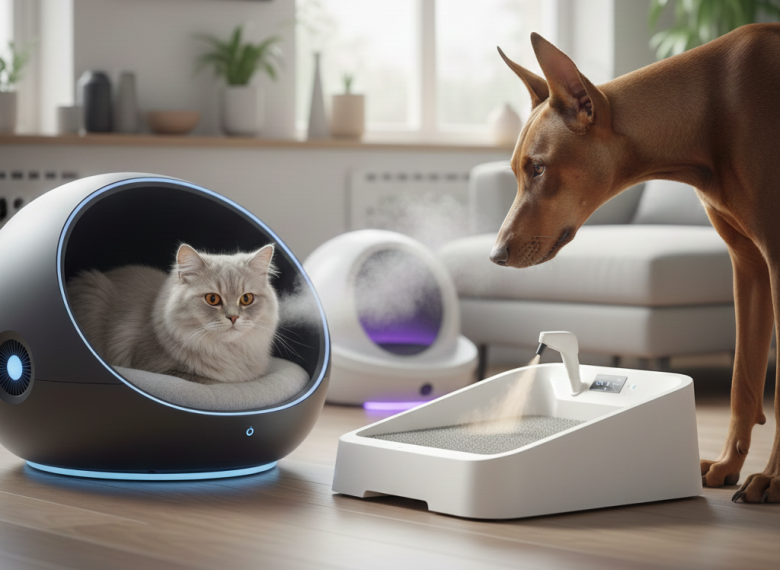 Gato cinza em cama futurista e cachorro Doberman observando purificador de ar inteligente e banheiro pet automático em sala moderna.