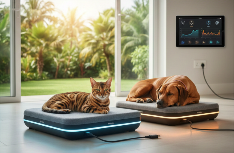 Um cão da raça Rhodesian Ridgeback e um gato de pelagem Bengal descansando em camas inteligentes com controle de temperatura, em uma sala moderna com vista para um jardim tropical.