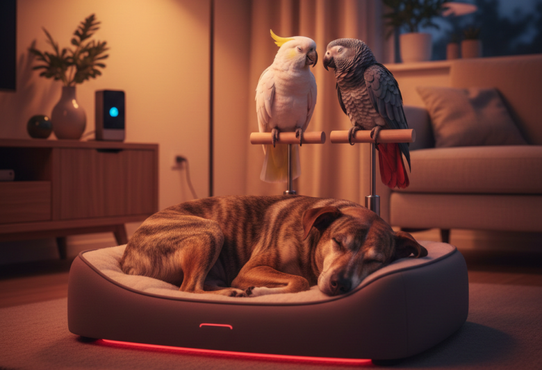 Um cachorro vira-lata de pelagem curta descansando tranquilamente em uma cama inteligente ao lado de uma cacatua e um papagaio-cinzento, em um ambiente de sala iluminado por uma luminária smart com luz quente e suave em tons de âmbar.