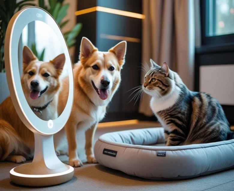 Cachorro sem raça definida (SRD) de pelagem clara e um gato marrom tabby interagindo com um espelho interativo inteligente circular em um ambiente moderno.