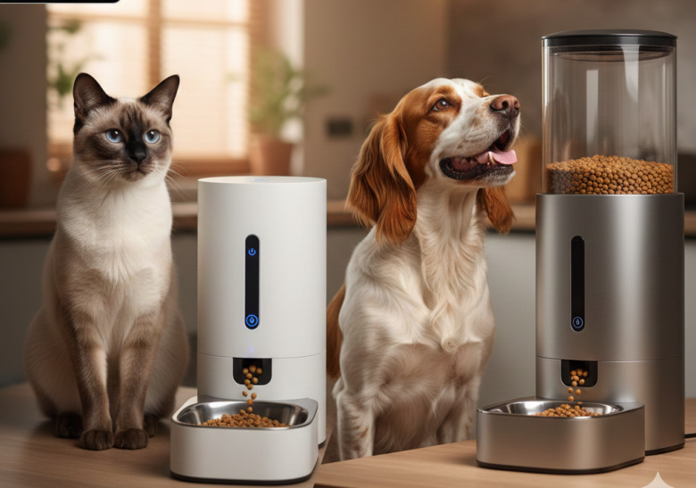 Um gato siamês e um cachorro de pelagem branca e marrom sentados ao lado de alimentadores automáticos inteligentes de alta tecnologia em uma cozinha moderna, representando o controle de porções para saúde pet.