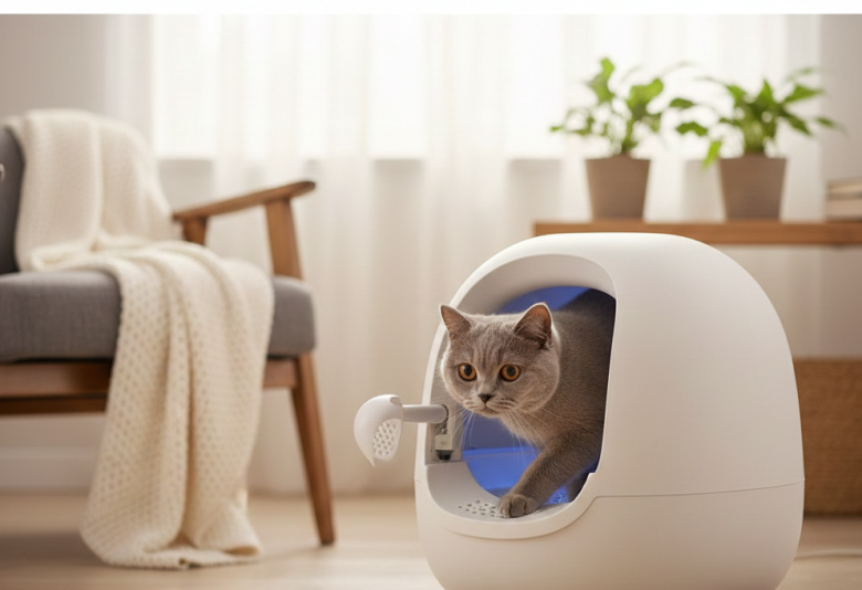 Gato cinza de pelagem curta saindo cautelosamente de uma litter box inteligente branca com luz azul em uma sala de estar bem iluminada.