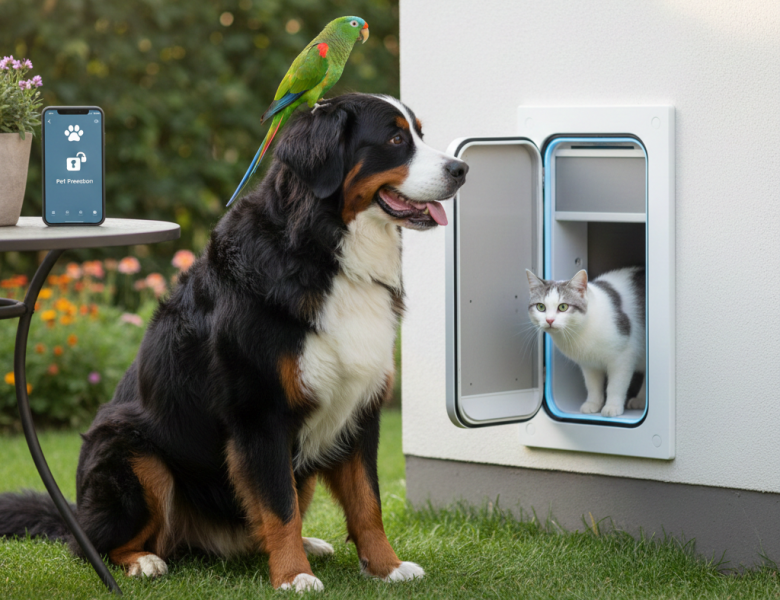 Cachorro da raça Bernese Mountain Dog e gato branco e cinza utilizando uma porta automatizada inteligente em uma parede externa, com um papagaio verde pousado no cão e um smartphone exibindo um app de controle pet ao lado.