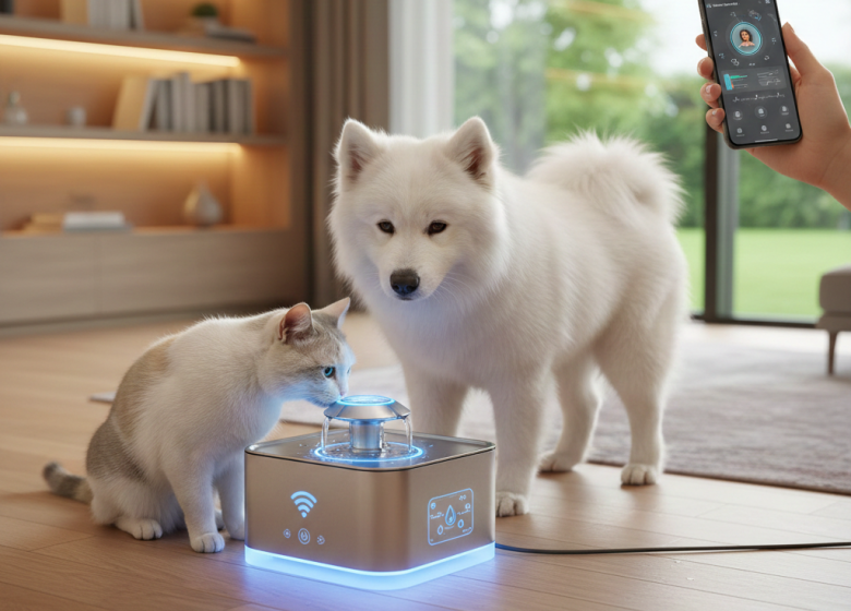 Gato branco e cinza e cachorro Samoieda branco interagindo com uma fonte de água inteligente com luz azul UV e aplicativo de celular em uma sala moderna.