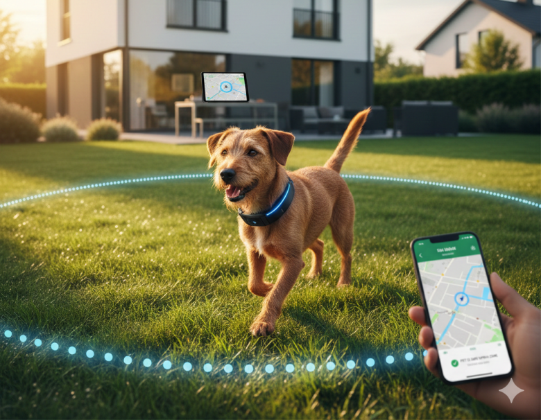 Um cachorro vira-lata caramelo de porte médio usando uma coleira inteligente com luz de LED azul em um jardim ensolarado, cercado por uma representação gráfica de luz azul de cerca virtual (geofencing) e uma mão segurando um smartphone com mapa de rastreamento.