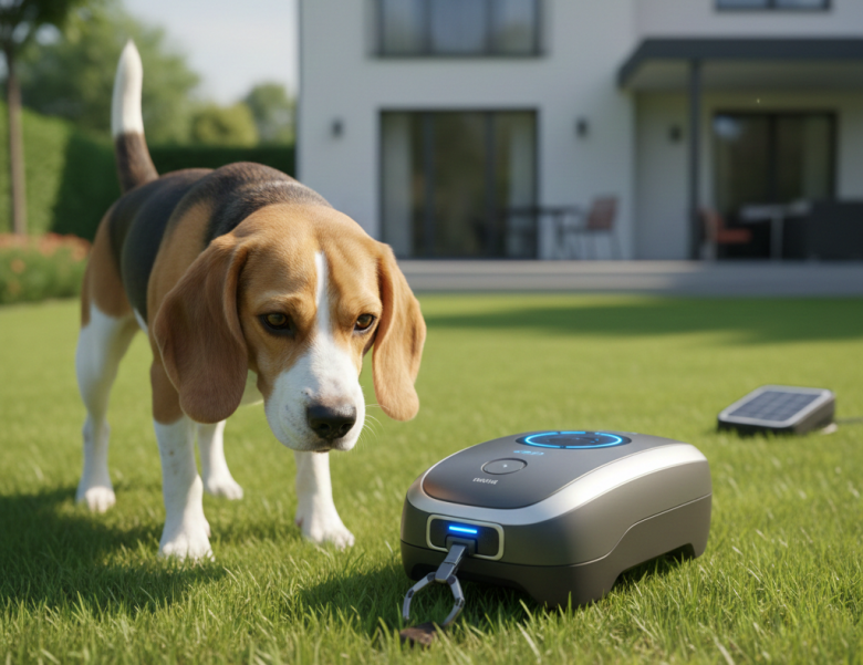 Um cachorro da raça Beagle observa curiosamente um robô coletor de fezes inteligente com braço mecânico operando em um gramado verde de um quintal residencial moderno.