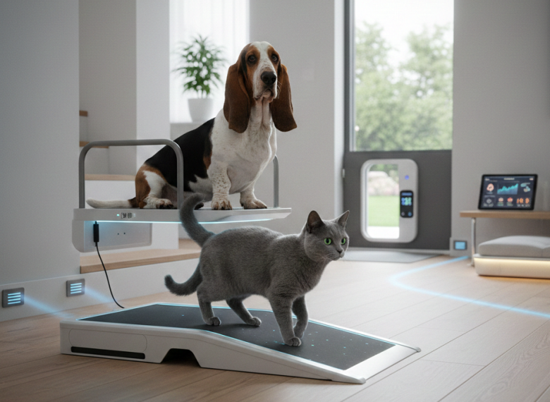 Um cachorro da raça Basset Hound em um elevador pet motorizado e um gato cinza utilizando uma rampa inteligente com sensores de LED em uma sala moderna e adaptada.
