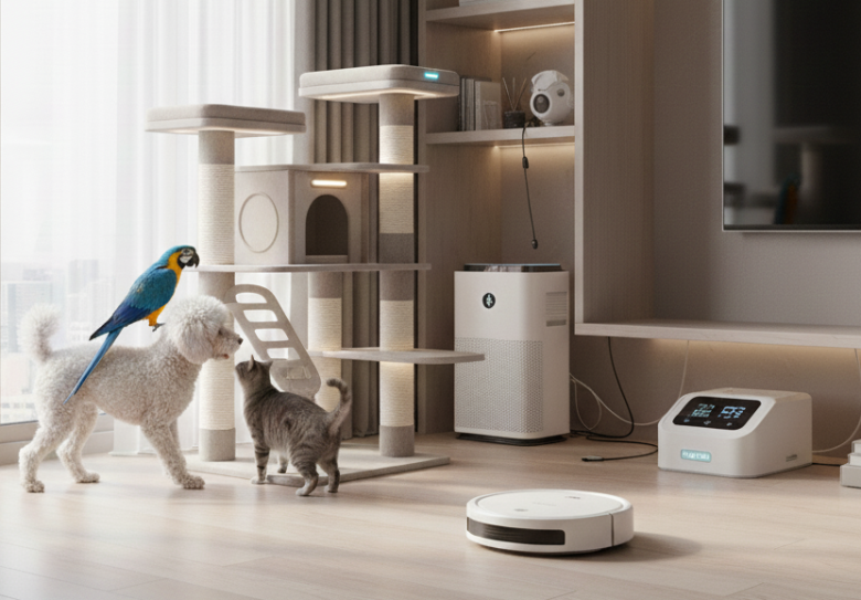 Um cão Poodle branco, um gato cinza e um papagaio colorido interagindo em uma sala de estar moderna e inteligente com móveis automatizados, torre para gatos e purificador de ar.