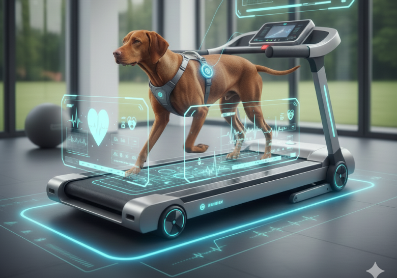 Cão da raça Vizsla correndo em uma esteira robótica inteligente com interface digital de monitoramento cardíaco e sensores de pressão neon.