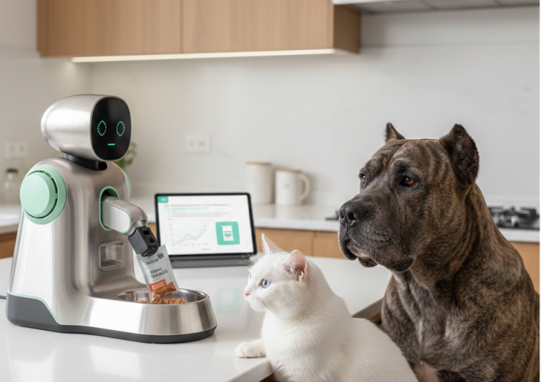 Um robô futurista de aço inoxidável servindo um sachê de comida úmida para um gato branco e um cachorro de pelagem tigrada (Cane Corso) em uma cozinha moderna.