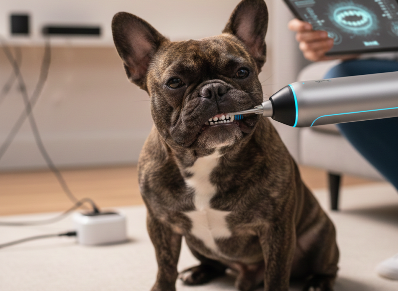 Um cachorro Bulldog Francês em close, mostrando os dentes enquanto um dispositivo de escovação dental robótica com luzes LED azuis realiza a limpeza. Ao fundo, uma pessoa segura um tablet exibindo um gráfico digital da arcada dentária canina.