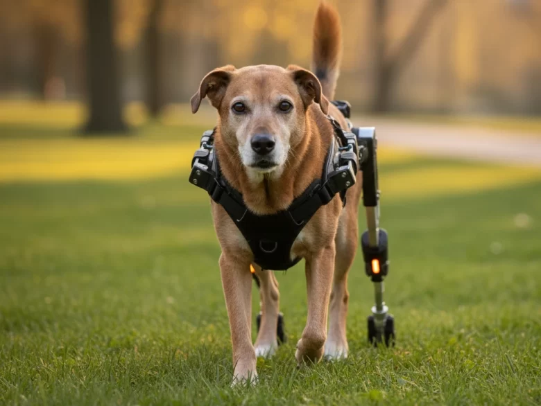Cão idoso de pelagem marrom utilizando um exoesqueleto robótico de alta tecnologia para auxílio na caminhada em um gramado ao entardecer.