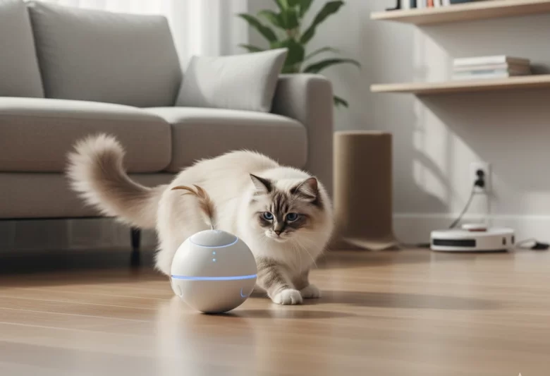 Gato de pelagem clara acinzentada interagindo com um robô companheiro esférico de luz azul em uma sala de estar moderna, representando tecnologia para cuidados pet.