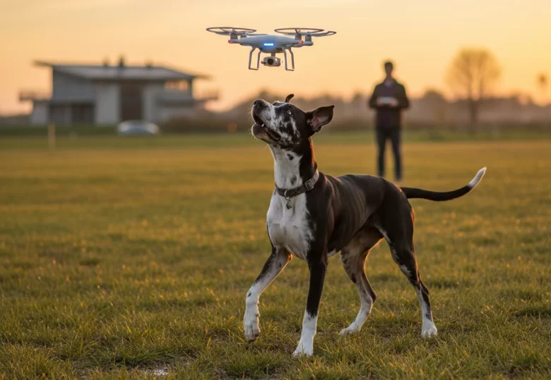 Um cachorro vira-lata de pelagem preta e branca em um campo gramado ao entardecer, olhando com curiosidade para um drone branco com protetores de hélice que paira com segurança acima dele.