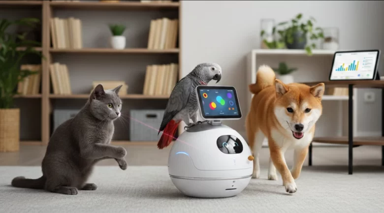Um gato cinza, um cachorro da raça Shiba Inu e um papagaio cinza africano interagindo com um robô de entretenimento esférico e inteligente em uma sala moderna.