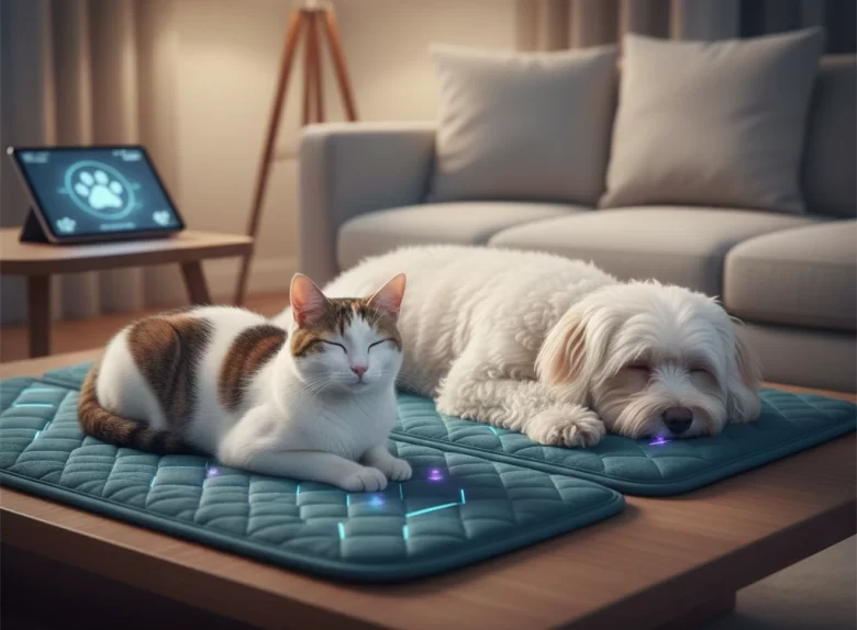 Um cão de pelagem branca e um gato de pelagem branca com manchas marrons deitados confortavelmente sobre um tapete tecnológico de massagem com luzes LED sutis em uma sala de estar moderna.