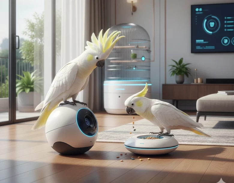 Duas cacatuas brancas interagindo com dispositivos robóticos em uma sala moderna: uma cacatua está pousada sobre um robô esférico de monitoramento com câmera, enquanto a outra se alimenta em um comedouro automático inteligente com luzes LED azuis.