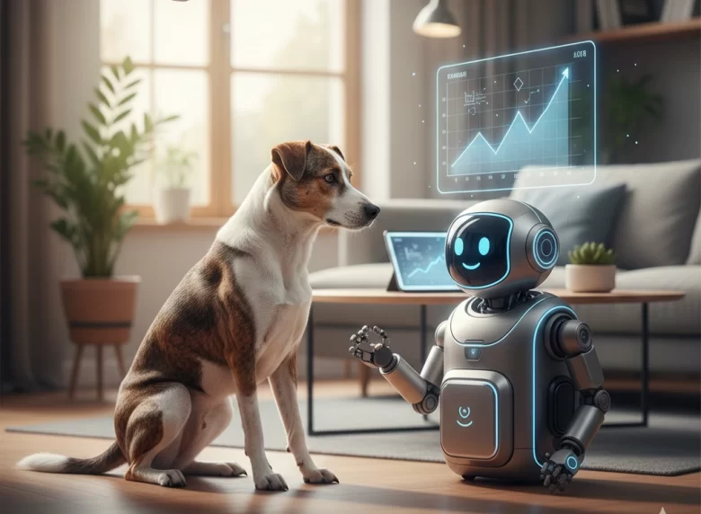 Um cachorro vira-lata de porte médio sentado atentamente em uma sala de estar, interagindo com um pequeno robô humanoide de treinamento que exibe gráficos de desempenho em um holograma.