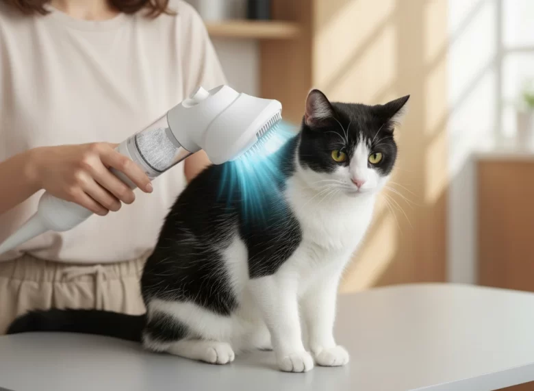 Gato preto e branco sendo escovado por uma máquina de escovação automática com tecnologia de vácuo para remoção de pelos mortos.