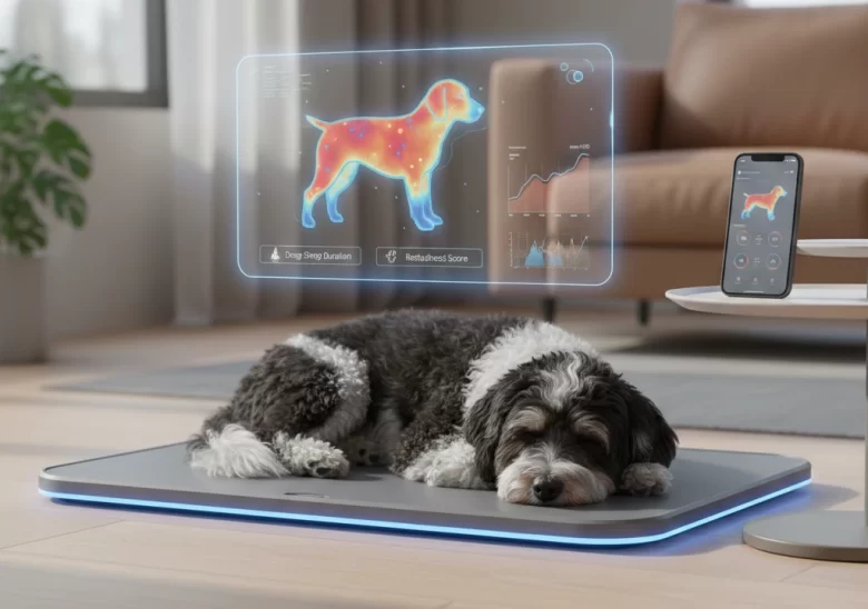 Cachorro de pelagem mista descansando sobre um tapete inteligente com sensores de pressão, mostrando uma interface digital holográfica de mapeamento de calor corporal e monitoramento de sono em uma sala moderna.