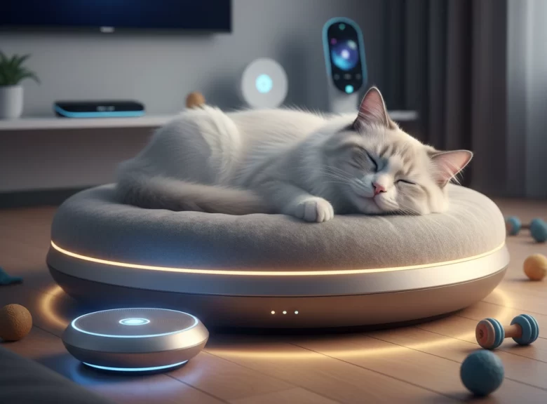 Gato de pelagem branca descansando em uma cama inteligente com tecnologia de som ambiente e ondas sonoras ilustradas.