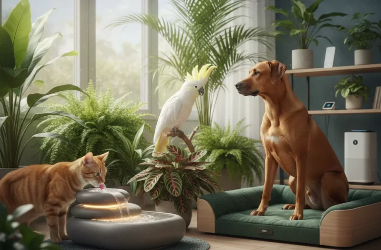 Um gato malhado marrom bebendo água em uma fonte inteligente de pedras, uma cacatua branca em meio a plantas tropicais e um cão Rhodesian Ridgeback sentado em uma cama inteligente olhando para a ave, em um ambiente de design biofílico tecnológico.