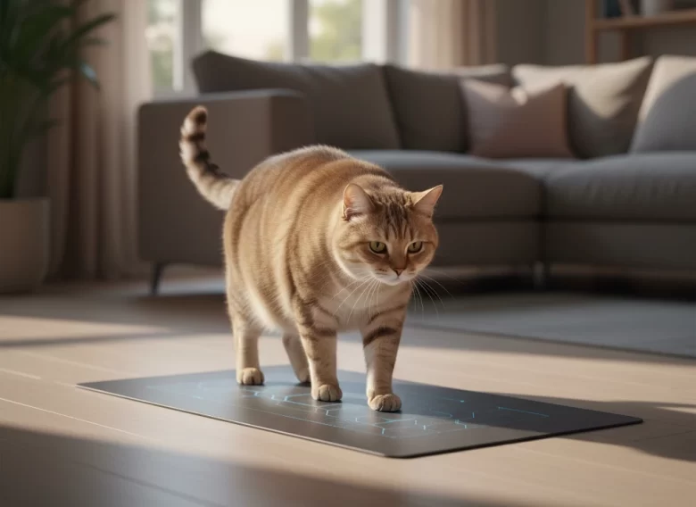 Gato marrom tabby com sobrepeso caminhando sobre um tapete inteligente com sensores de pressão robóticos e luzes de LED em uma sala de estar moderna.