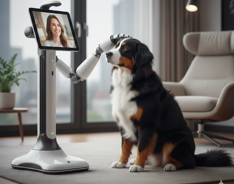 Um robô de telepresença moderno com tela exibindo uma mulher sorrindo, utilizando um braço mecânico articulado e suave para fazer carinho na cabeça de um cachorro Bernese Mountain Dog em uma sala de estar.