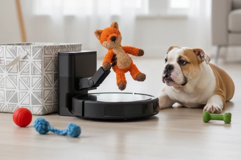 Um robô aspirador inteligente de última geração utilizando um braço robótico para recolher uma pelúcia de raposa do chão, enquanto um cachorro da raça Buldogue Inglês observa curiosamente em uma sala de estar moderna e organizada.