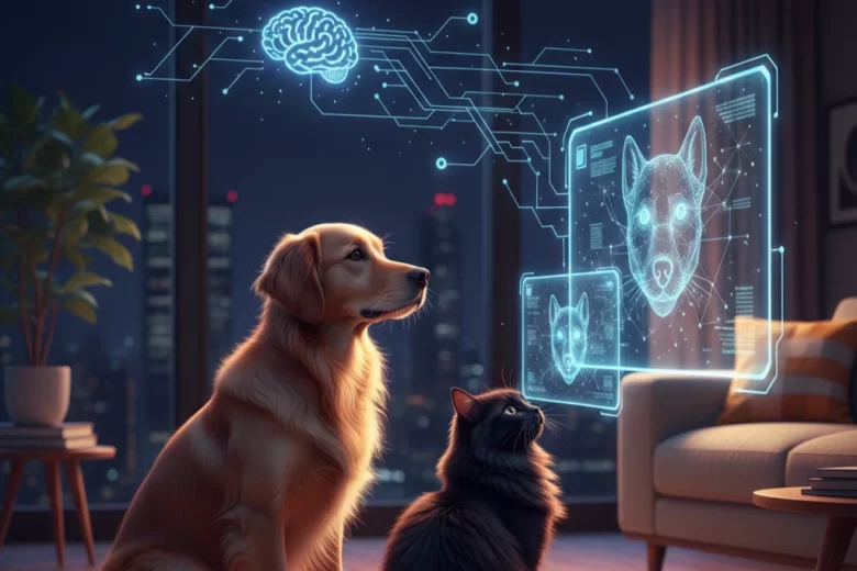 Representação conceitual de Inteligência Artificial analisando o rosto de um cachorro e um gato com mapeamento digital de micro-expressões faciais em uma sala moderna.