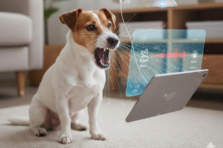 Cachorro da raça Jack Russell Terrier em postura de alerta, latindo intensamente para um tablet que exibe um holograma de ondas sonoras coloridas e ícones de IA, representando a análise de comportamento canino.