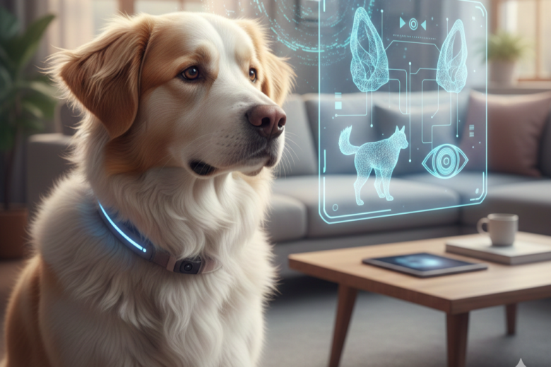 Um cachorro de pelagem mista (tipo Bernese ou Collie tricolor) em uma sala moderna, com uma interface holográfica digital ao seu redor analisando sua postura corporal, orelhas e cauda através de inteligência artificial.