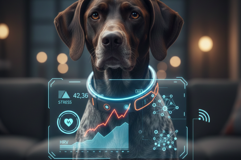 Cachorro de pelagem escura utilizando coleira inteligente com interface holográfica de IA exibindo gráficos de estresse, batimentos cardíacos e análise de comportamento em ambiente doméstico moderno.