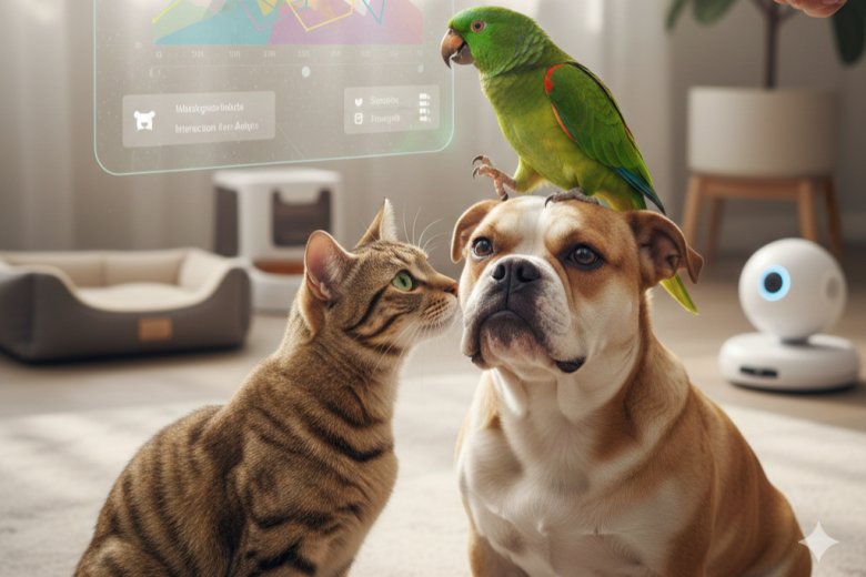 Um gato malhado marrom, um cachorro Bulldog e um papagaio verde interagindo em uma sala monitorada por inteligência artificial, com gráficos holográficos de comportamento animal ao fundo.