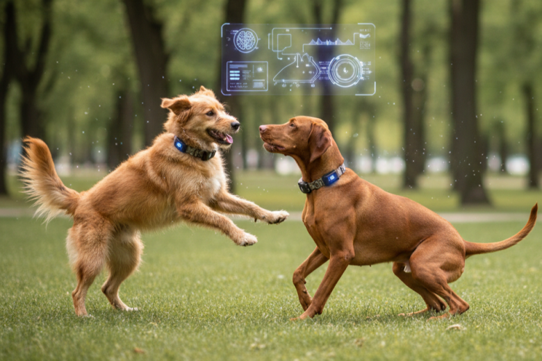 Dois cães, um Vira-lata Caramelo e um Vizsla, brincando em um parque com elementos holográficos de IA e sensores em suas coleiras representando o monitoramento de comportamento animal.