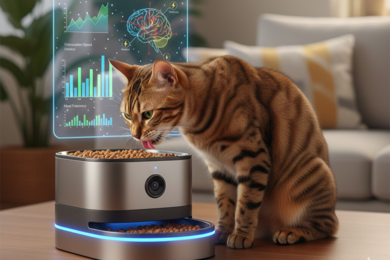 Gato de pelagem Bengal marrom utilizando um alimentador tecnológico com interface holográfica que analisa padrões de comportamento alimentar e saúde em tempo real.