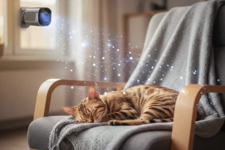 Um gato marrom Bengal descansando em uma poltrona enquanto uma câmera de monitoramento inteligente com luzes de rede neural escaneia seu comportamento e postura.