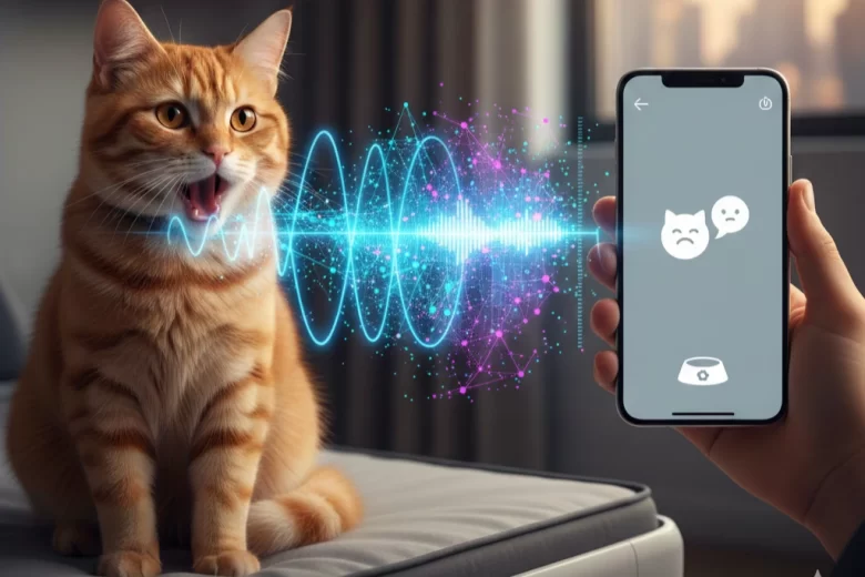 Um gato alaranjado miando em direção a um smartphone que exibe ondas sonoras digitais e ícones de interpretação comportamental por inteligência artificial.
