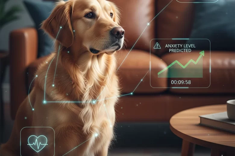 Cão da raça Golden Retriever em uma sala de estar com sobreposições gráficas de inteligência artificial, mostrando gráficos de batimentos cardíacos e análise de comportamento preditivo para evitar ansiedade.