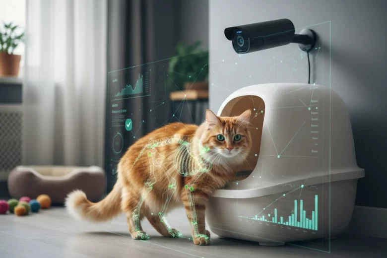 Gato doméstico sendo monitorado por uma câmera inteligente de visão computacional enquanto se aproxima de uma caixa de areia moderna. A imagem exibe gráficos digitais de IA e um esqueleto virtual sobreposto ao gato, representando a análise de comportamento em tempo real.