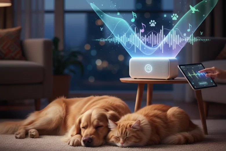 Um cão Golden Retriever e um gato laranja dormindo tranquilamente em um tapete de sala, enquanto uma caixa de som inteligente projeta ondas sonoras holográficas e notas musicais coloridas, simbolizando a música generativa por IA.