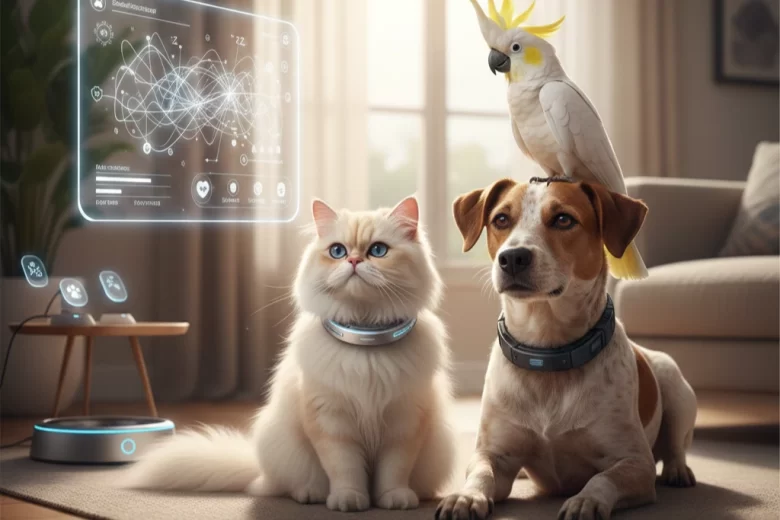 Um gato persa de pelagem creme e um cachorro Jack Russell Terrier sentados lado a lado usando coleiras inteligentes com sensores, acompanhados por uma cacatua branca ao lado. Ao fundo, uma interface holográfica exibe gráficos de dados e ondas de Machine Learning em uma sala de estar moderna.