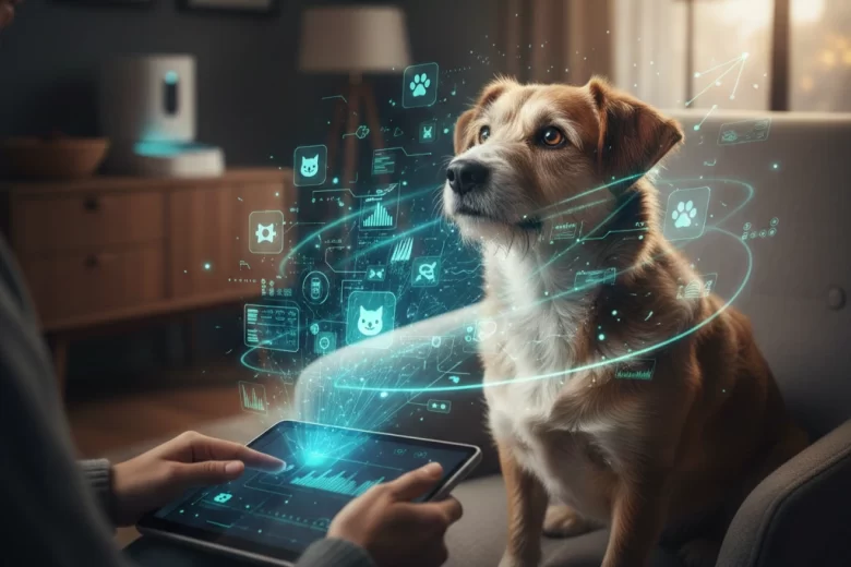 Um cachorro vira-lata de pelagem caramelo e branca sentado em um sofá, olhando atentamente para uma interface digital holográfica de chatbot que emana de um tablet segurado por um humano. A interface exibe ícones de comportamento animal e gráficos de dados em tons de azul neon.