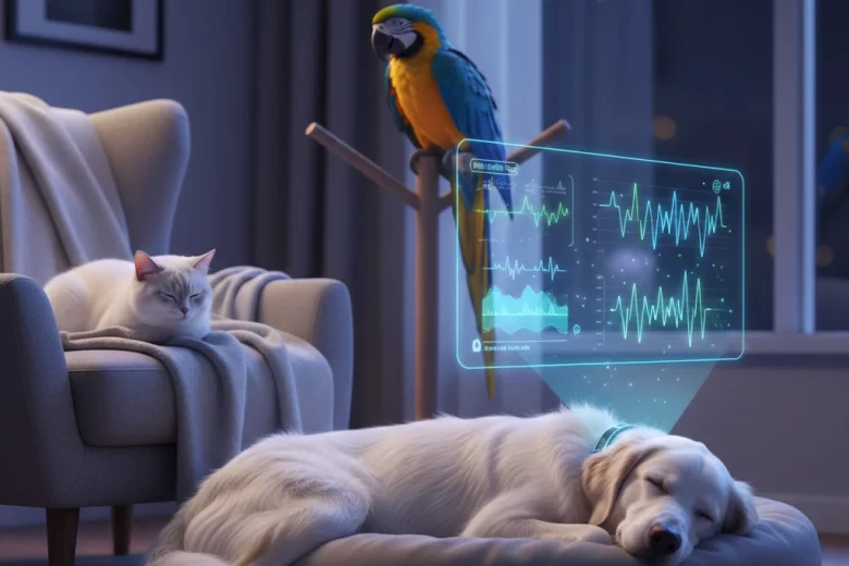 Um gato branco de pelagem curta e um cachorro de pelagem longa clara (estilo Setter) dormindo tranquilamente em uma sala iluminada suavemente. Sobre eles, uma interface digital holográfica exibe gráficos de ondas cerebrais e ciclos de sono monitorados por IA. Ao fundo, uma arara colorida observa o ambiente, representando a harmonia da tecnologia com diferentes espécies pets.