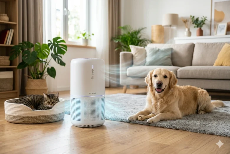 Um purificador de ar tecnológico de design cilíndrico branco em funcionamento no centro de uma sala de estar. À direita, um cão Golden Retriever deitado calmamente no tapete e, à esquerda, um gato listrado dormindo em sua caminha. A imagem transmite uma sensação de ar limpo, frescor e bem-estar em um ambiente doméstico compartilhado com animais.