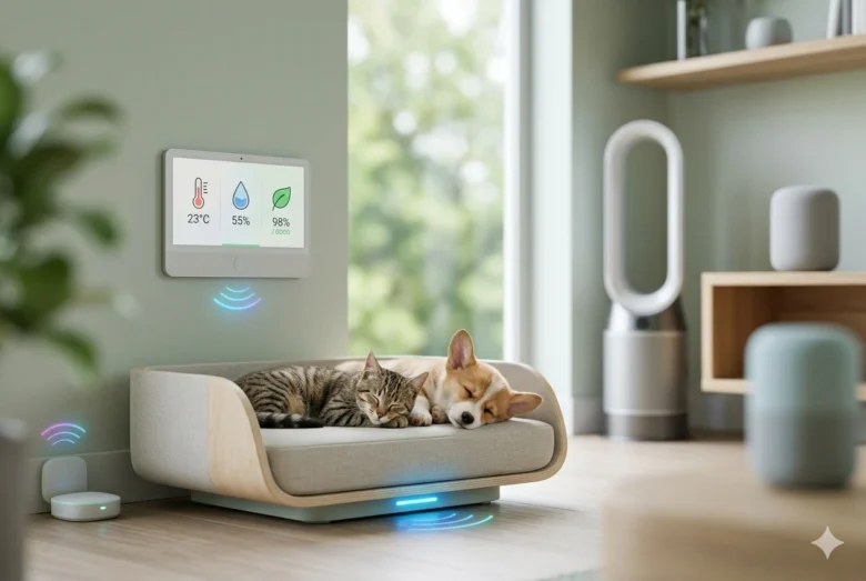 Um gato e um cachorro dormindo confortavelmente em uma cama pet inteligente, com um painel digital na parede ao fundo monitorando temperatura, umidade e qualidade do ar com ícones modernos.
