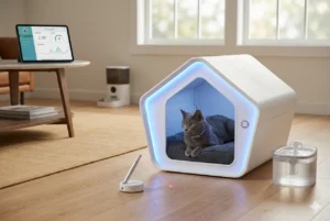 Um gato cinza descansando dentro de uma casa inteligente futurista com iluminação LED azul, cercado por dispositivos tecnológicos como alimentador automático, fonte de água e um tablet exibindo gráficos de monitoramento ambiental em uma sala de estar moderna.