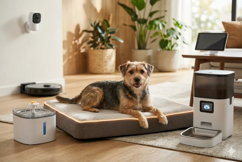 Cachorro sentado em uma sala de estar moderna e inteligente, cercado por um alimentador automático, fonte de água eletrônica, câmera de monitoramento Wi-Fi e uma cama pet climatizada com iluminação LED, exemplificando um ambiente pet automatizado.