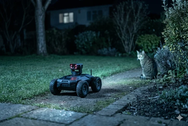 Robô terrestre de patrulha com câmera de infravermelho monitorando um gato em um jardim residencial durante a noite, representando tecnologia de segurança pet.